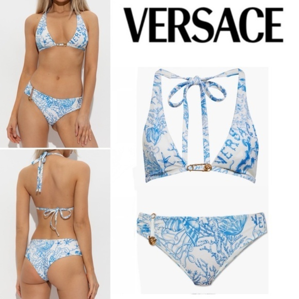 Versace Underwater Barocco Safety Pin Bikini Set Top Sz 4 Bottoms Sz 2 1014$